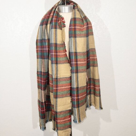 Unbranded Tan Plaid Open Fringe Scarf - Picture 1 of 3